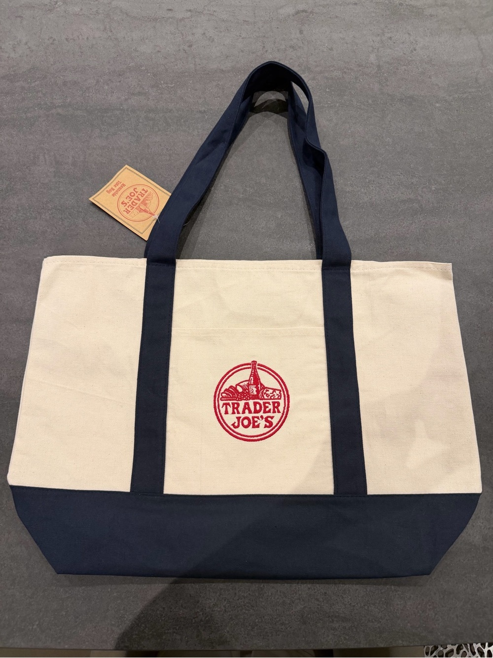 Trader Joe's Navy and Cream Canvas Duffel Tote
